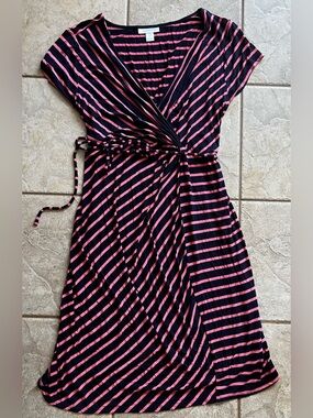 Motherhood Black and Pink Striped Wrap Midi Dress with Tie Waist